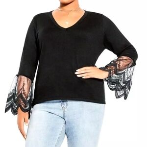 City Chic Womens Sweater Size Small 16 Black V neck Lace Sleeve Pullover New